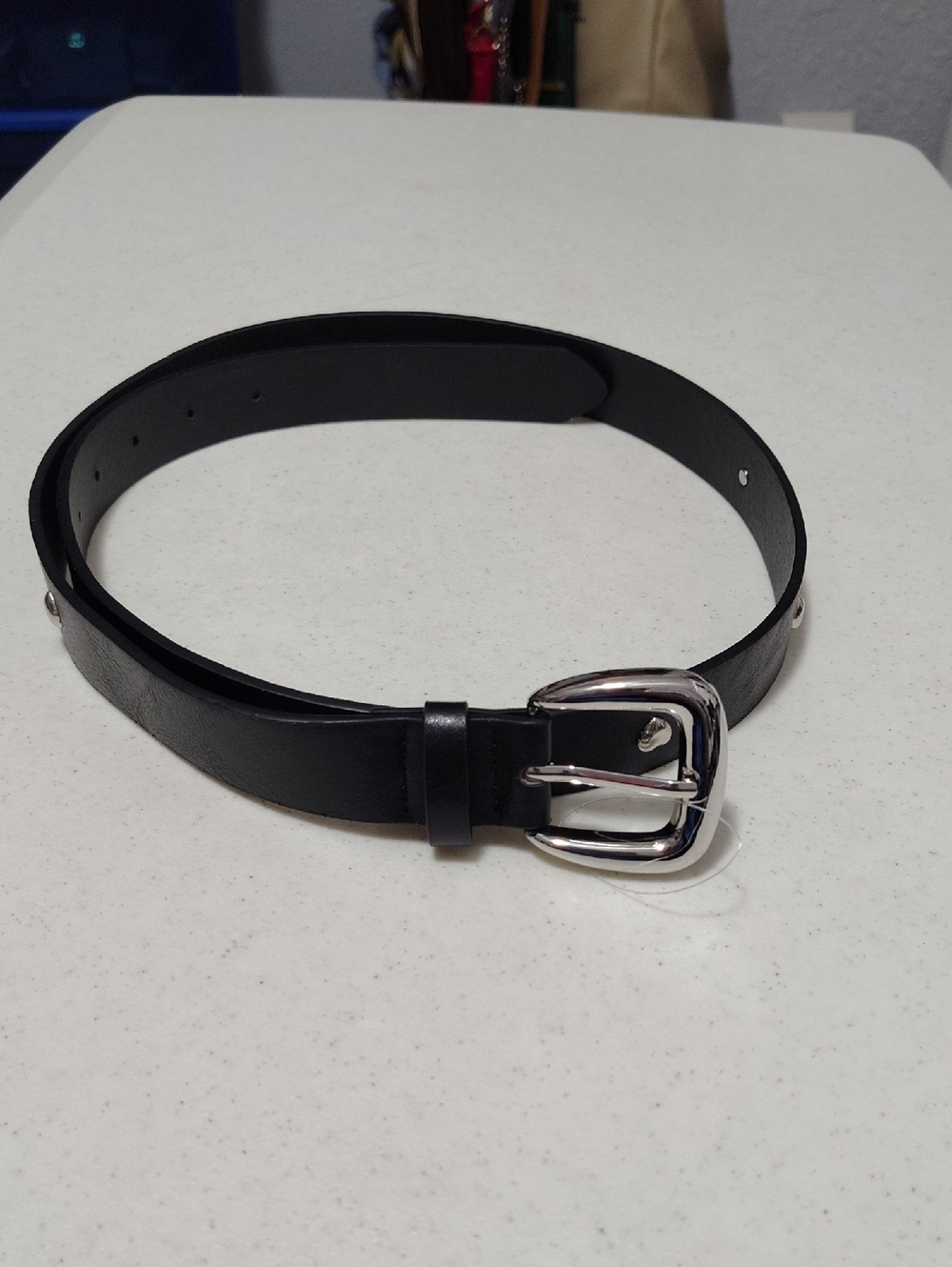 Brand New Classic Black Faux Leather Belt with Silver Buckle And Hearts
